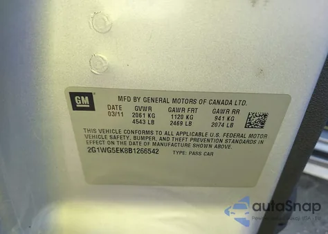 2011 Chevrolet Impala Lt z USA, uszkodzony, nr VIN 2G1WG5EK8B1266542